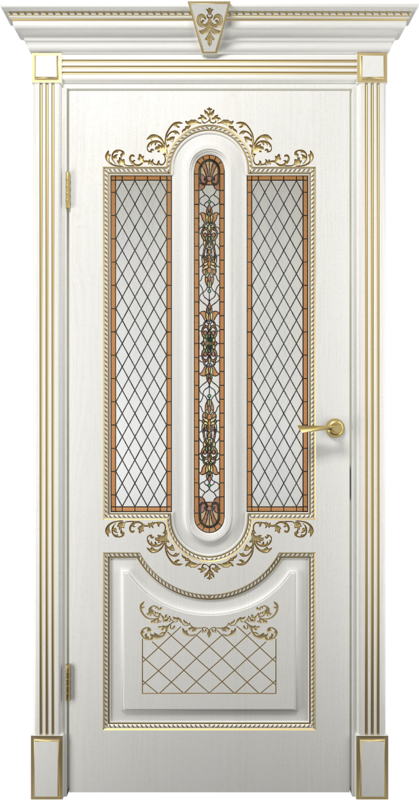Межкомнатная дверь экошпон ОЛИМПИЯ со стеклом Дерево белое патина золото 600х2000