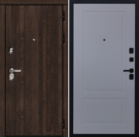 Черный, 860x2050, L, з. Гардиан 30.11, з. Гардиан 30.01, петли 3шт., внеш. отд. - МДФ 16мм, цвет Орех, 3 контура уплот., короб закр. типа, утепл., т/р