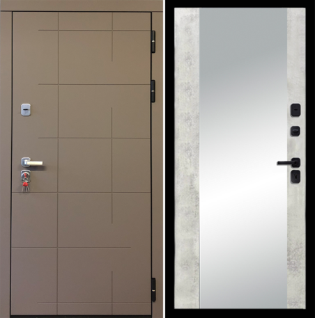 Черный, 860x2050, L, з. KALE 252, з. Бордер ЗВ8-6К5, петли 3шт., внеш. отд. - МДФ 10мм, Муссон софт, Д- 15 Декор. зеркальная вставка, Бетон светлый