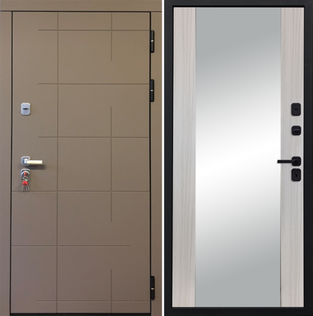 Черный, 860x2050, L, з. KALE 252, з. Бордер ЗВ8-6К5, петли 3шт., внеш. отд. - МДФ 10мм, Муссон софт, Д-15 зеркало Сандал белый