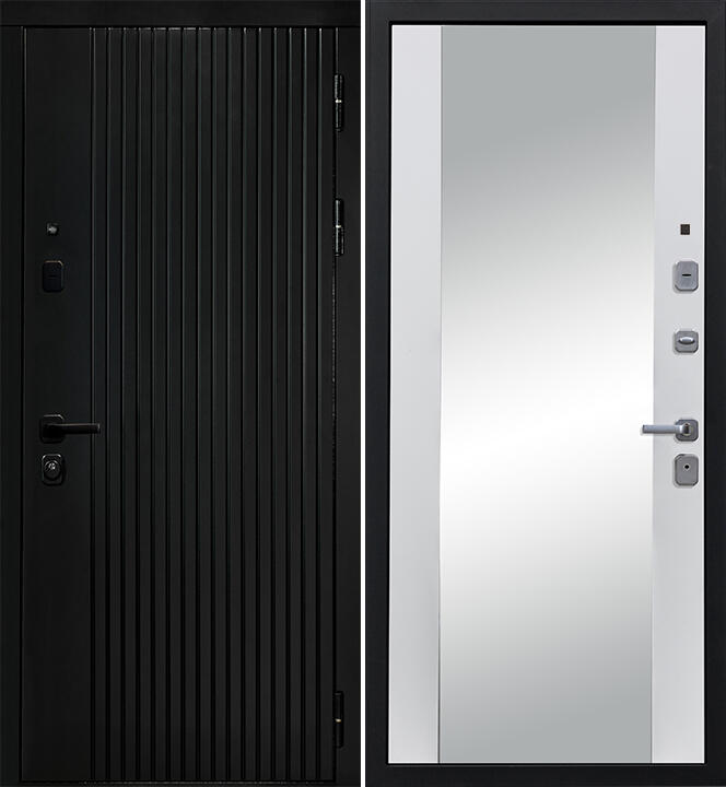 Черный, 960х2050, R, з. KALE 252, з. Бордер ЗВ8-6К5, петли 3шт., внеш. отд. - МДФ 10мм, Черный кварц, Д- 15 Декор. зеркальная вставка, Белый софт