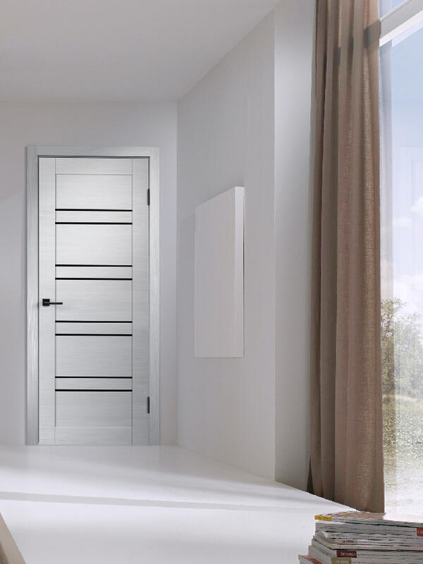 Дуб белый поперечный, 900х2000, LR, б/врезки замка и петель, стекло Лакобель черное