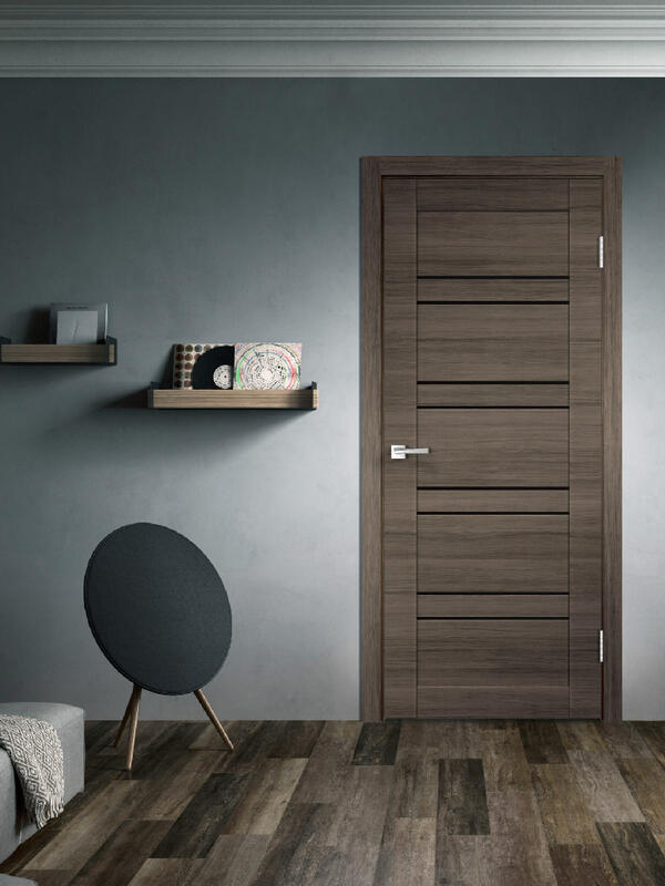 Дуб серый поперечный, 900х2000, LR, б/врезки замка и петель, стекло Лакобель черное