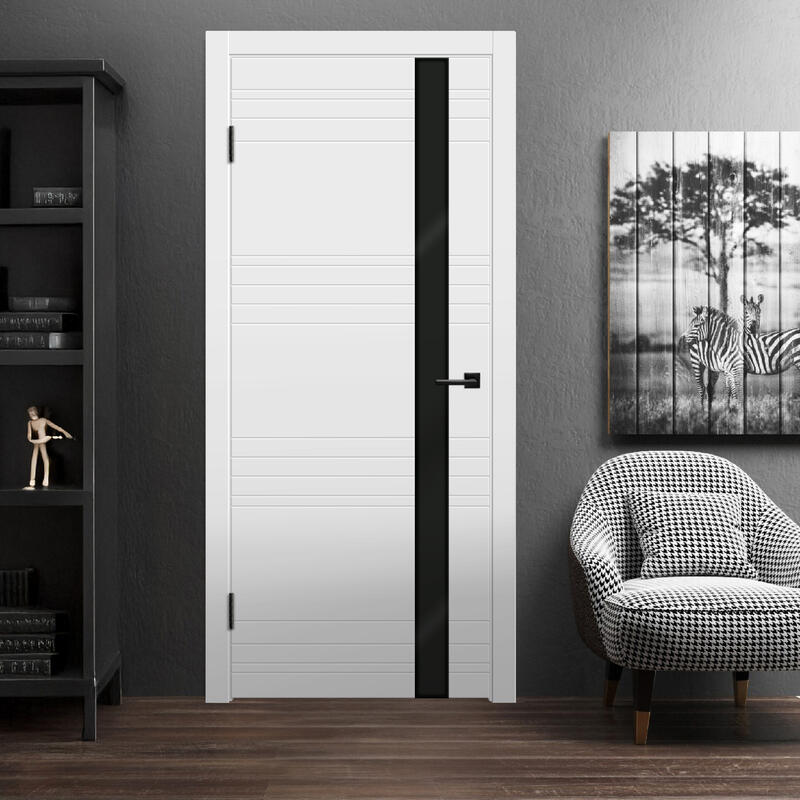 Белый, 600х2000, LR, б/врезки замка и петель, стекло Лакобель черное