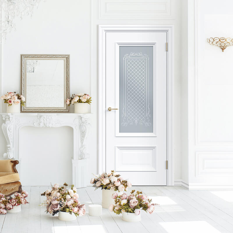 Белый, 600х2000, R, врезка п/з. 1895Р, без врезки п/петли, стекло Мателюкс Престиж, б/отв. п/фурнитуру