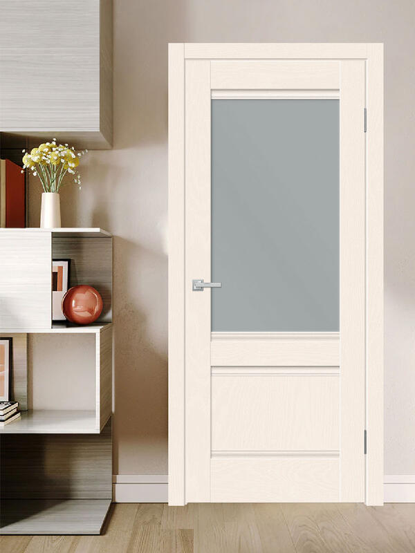 Молочный текстурированный, 800х2000, LR, б/врезки замка и петель, стекло Мателюкс, прямая филенка