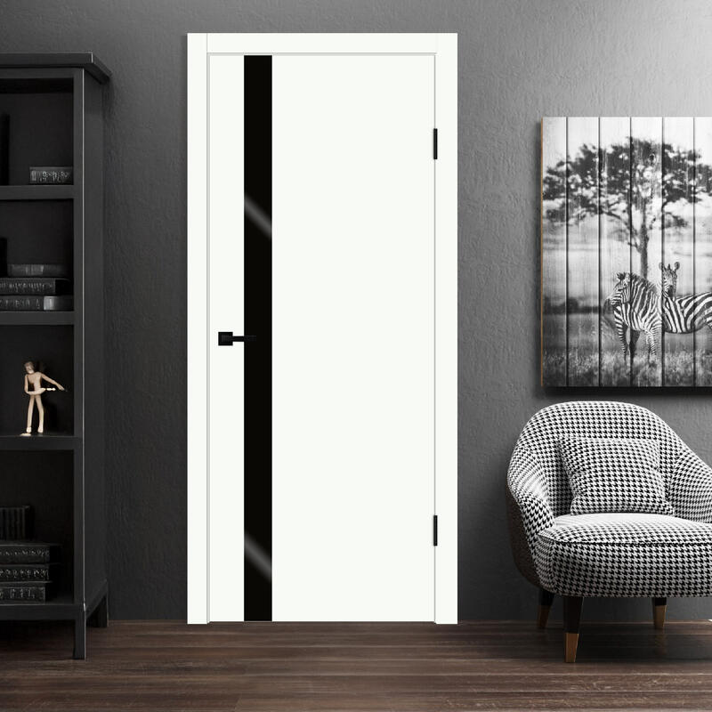 Белый Опал, 800х2000, LR, б/врезки замка и петель, стекло Лакобель черное, кромка ABS 2мм с 4х ст.