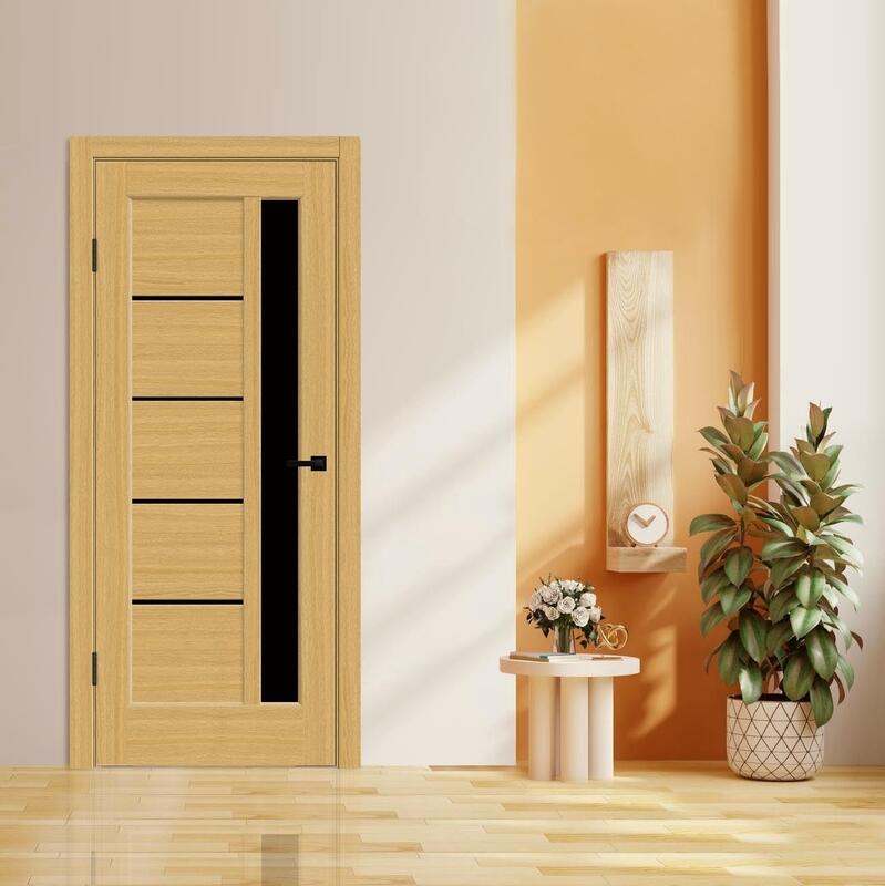 Орех американский соломенный, 600х2000, LR, б/врезки замка и петель, стекло Лакобель черное