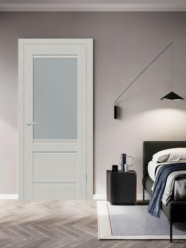 Серый текстурированный, 700х2000, LR, б/врезки замка и петель, стекло Мателюкс, прямая филенка