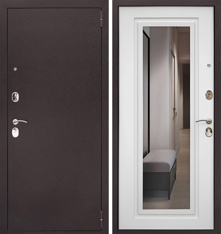 Входная металлическая дверь "КОМФОРТ с зеркалом" Антик медный/Ясень белый снег 960*2050